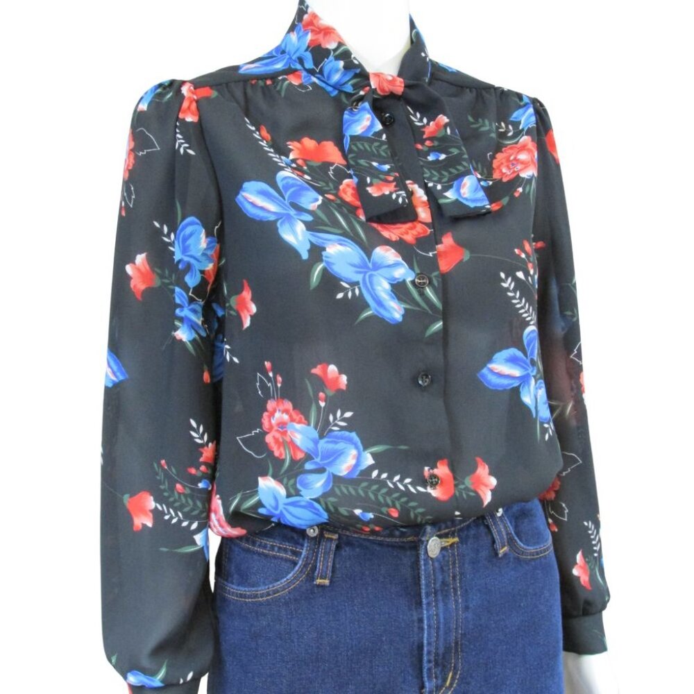 Vintage Secretary Sheer Black Floral Long Sleeve Button Down Bow Tie Blouse
